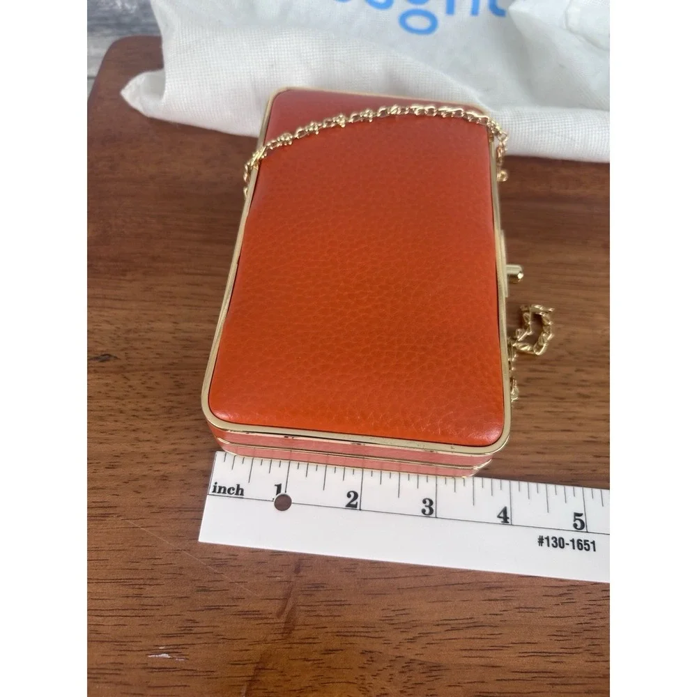 J McLaughlin Vintage Orange Pebbled Leather Box Clutch Gold Frame Chain Bag